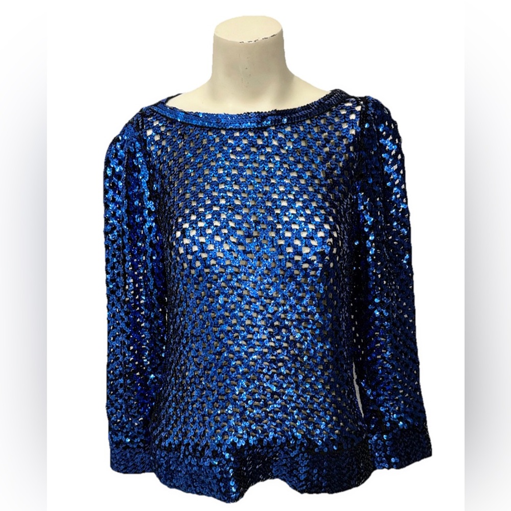 VTG 80s PARTIQUE New York Sequin Fishnet Party Sweater Royal Blue Womens 6 Small